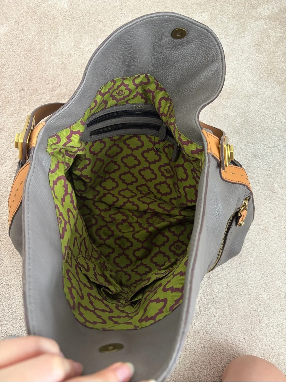 Taupe Leather Shoulder Hobo Bag with Tan Strap